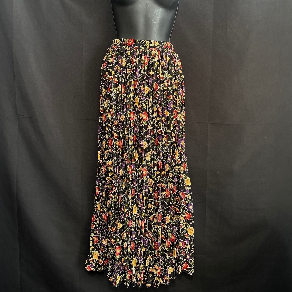 Worthington Floral Pleated Maxi Skirt L Black Cottagecore Boho Dark Fairy Whimsy